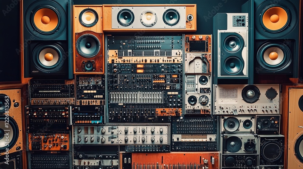 Obraz premium A clean display of recording equipment neatly arranged in a sleek soundproof booth. digital