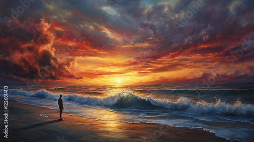 A person standing on a beach at sunset, gazing at the horizon with a sense of peace and reverence, as waves gently touch the shore, symbolizing the infinite and unconditional love of God. 