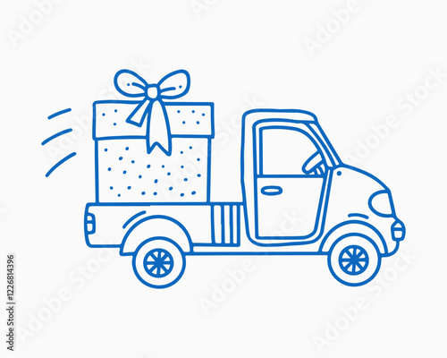 Vector illustration of a compact truck carrying a large gift box with a bow in a simple hand-drawn style. Ideal for holiday, gift delivery, and festive designs