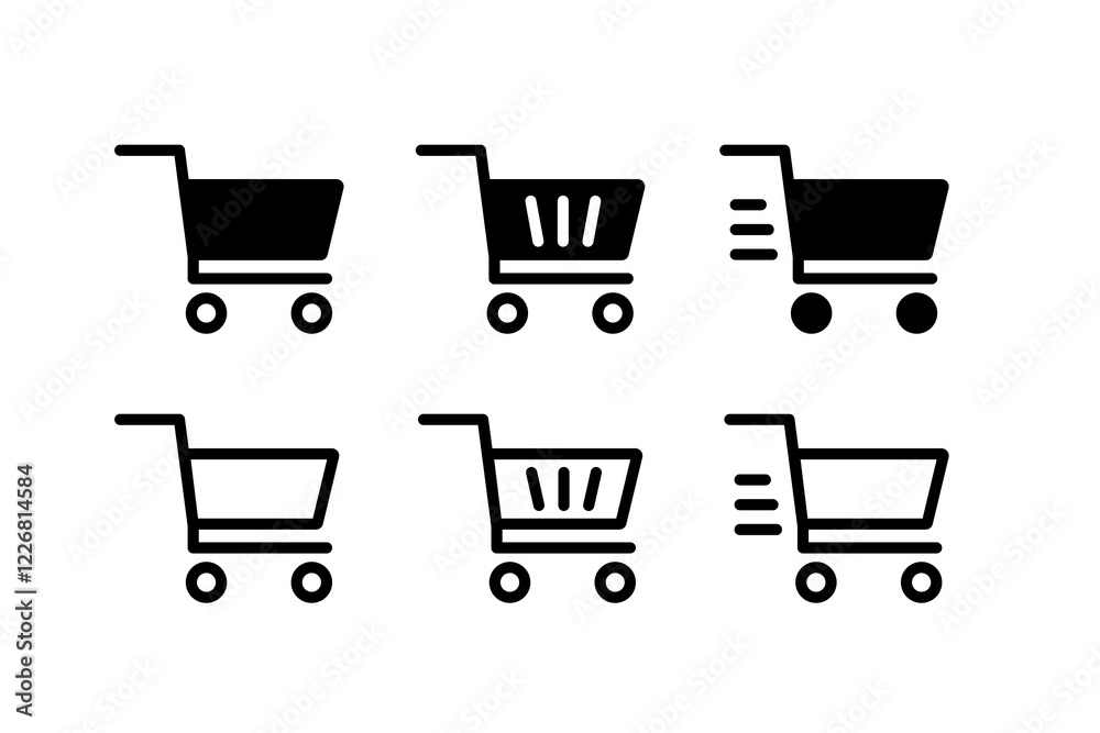 Set of shopping cart icons in minimalist black and white style, ideal for e-commerce, online store interfaces, and shopping applications Set of shopping cart icons in minimalist black and white style, ideal for e-commerce, online store interfaces, and shopping applications