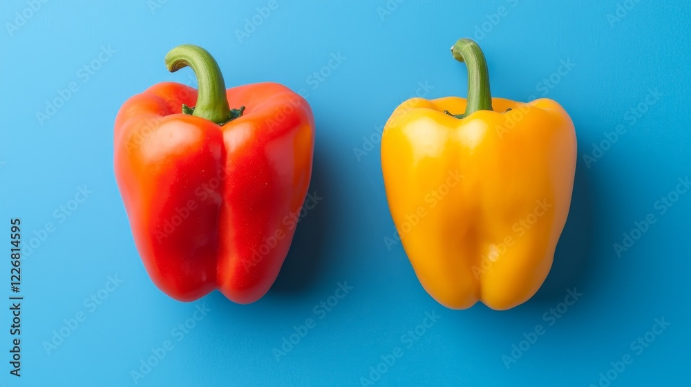 Fresh Red and Yellow Peppers on Vibrant Blue Background for Food Photography Fresh Red and Yellow Peppers on Vibrant Blue Background for Food Photography