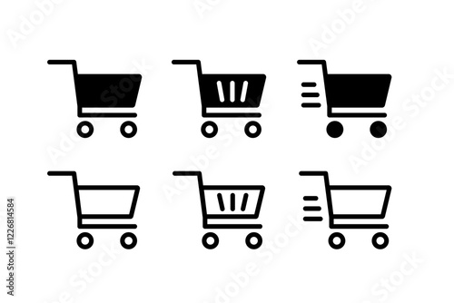 Set of shopping cart icons in minimalist black and white style, ideal for e-commerce, online store interfaces, and shopping applications