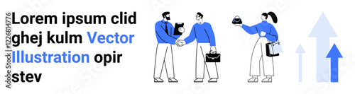 Two professionals shaking hands while another shares documents. Stylized arrows symbolize growth and progress. Ideal for teamwork, partnership, career growth, strategy, negotiation, innovation
