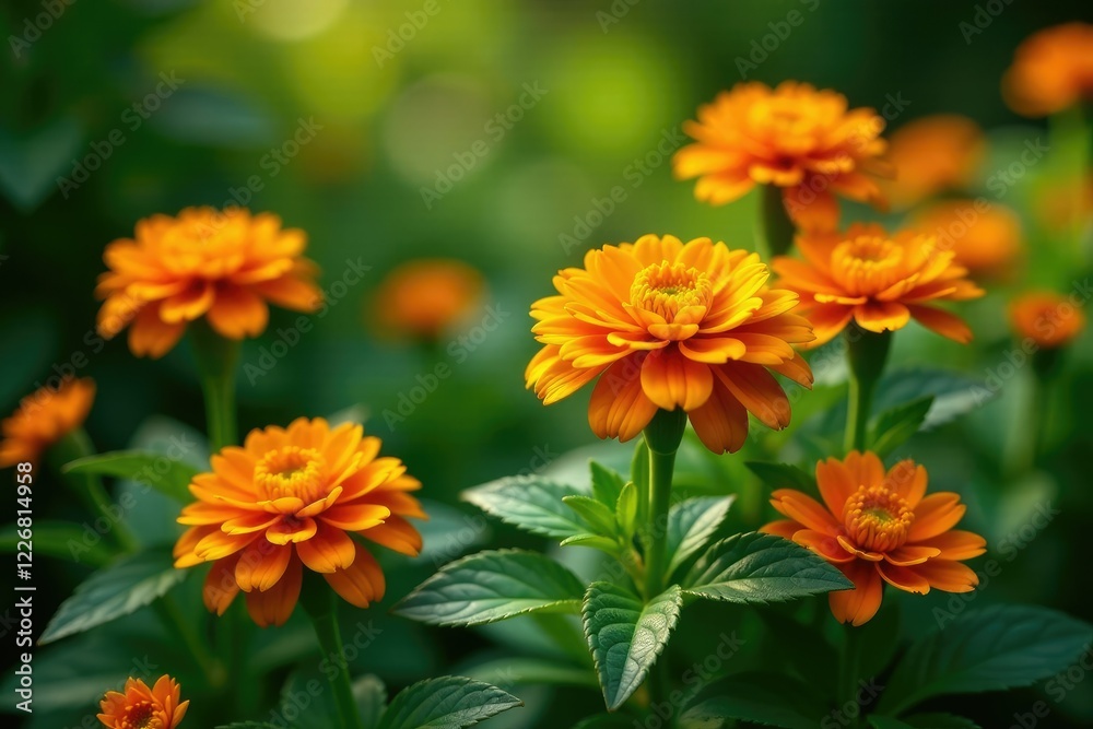 Lush green foliage with bright orange chrysanthemums, flowers, autumn Lush green foliage with bright orange chrysanthemums, flowers, autumn