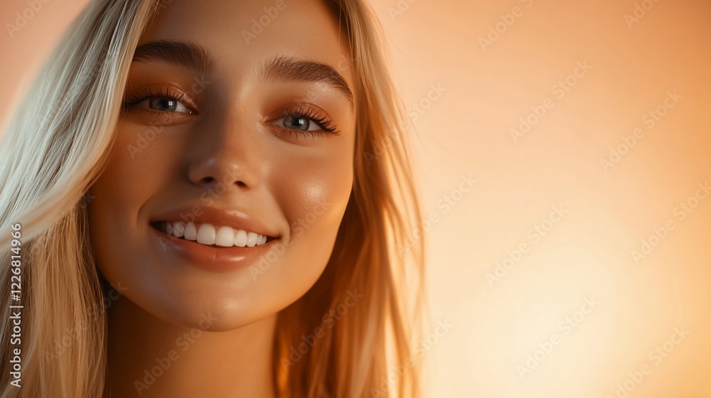 Fototapeta premium Close-up portrait of a smiling blonde woman with natural makeup and glowing skin