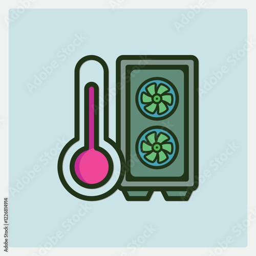 Illustration of a PC tower with two fans and a thermometer icon on a light blue background