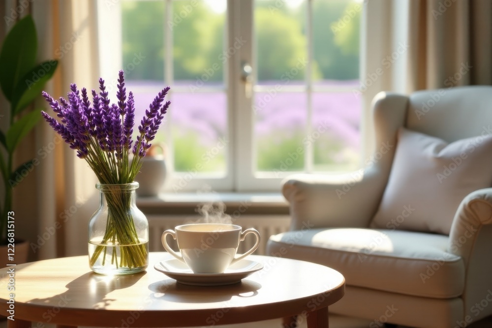 Serene morning sunlight streams through a window, illuminating a cozy armchair and a table holding a cup of warm beverage and a vase of fragrant lavender. Serene morning sunlight streams through a window, illuminating a cozy armchair and a table holding a cup of warm beverage and a vase of fragrant lavender.