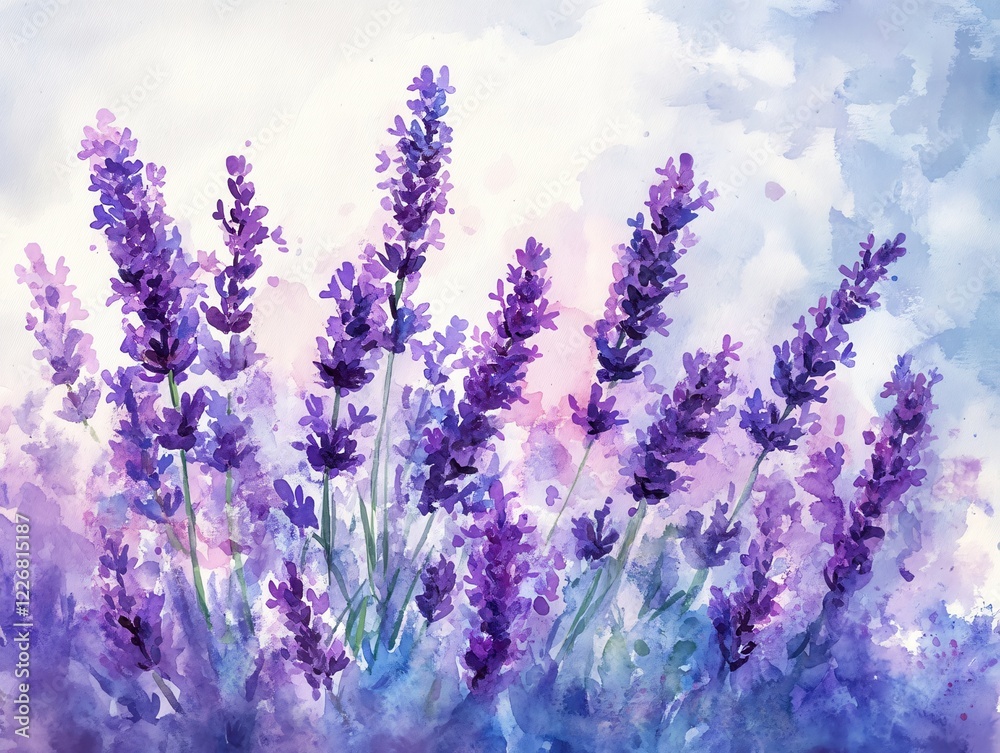 Fototapeta premium Watercolor lavender field painting with purple flower stems on a white and blue background