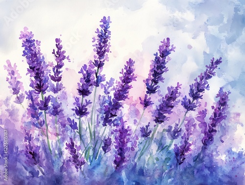 Watercolor lavender field painting with purple flower stems on a white and blue background