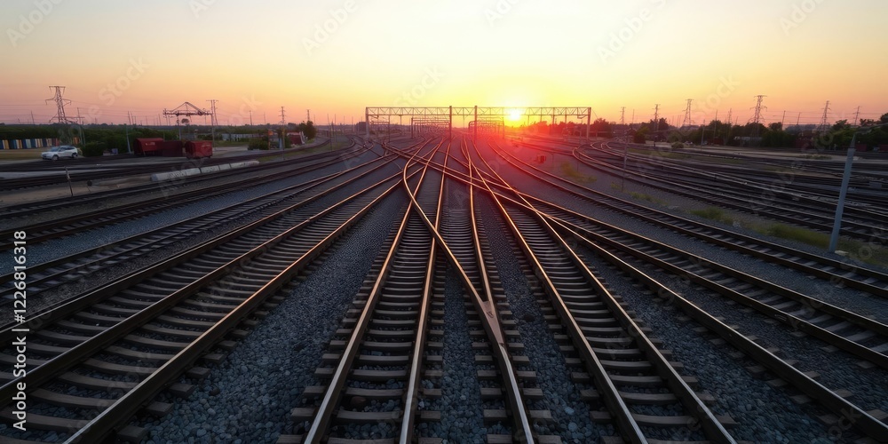 Fototapeta premium Massive Railroad Tracks Crossing Junction at Sunrise, outdoor, nature, railroad