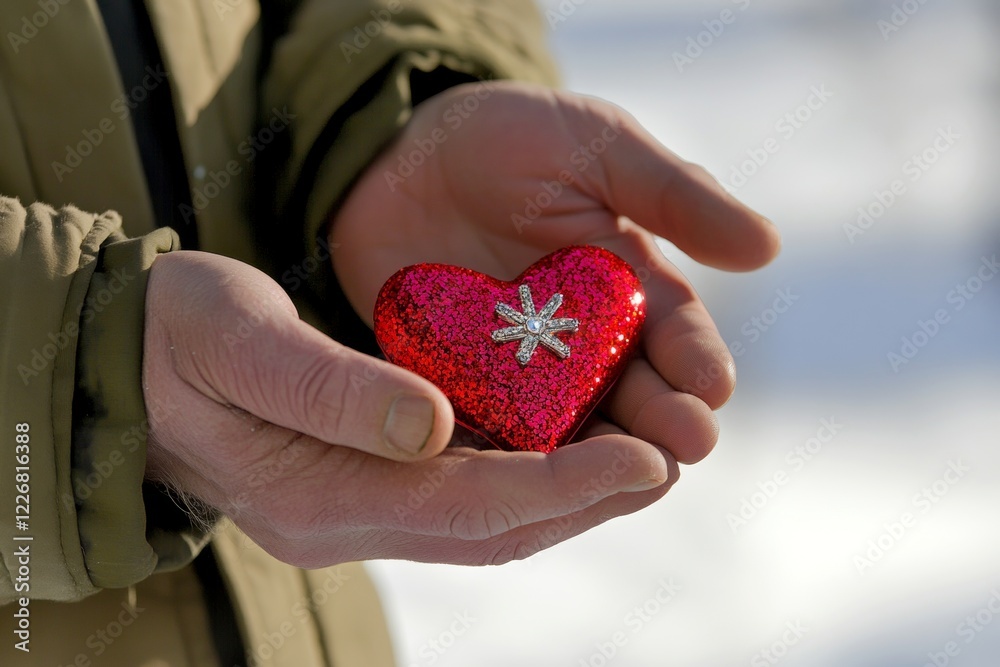 Commercial digital ads creative. Adult valentine's day greeting card: midlife man with thrilled face holds red heart in hands. Sign of love and affection. February 14th marketing. Commercial digital ads creative. Adult valentine's day greeting card: midlife man with thrilled face holds red heart in hands. Sign of love and affection. February 14th marketing.