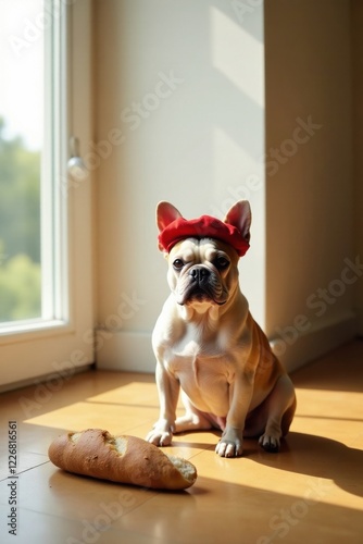 A French Bulldog in a red beret sits patiently beside a freshly baked loaf of bread, bathed in sunlight.