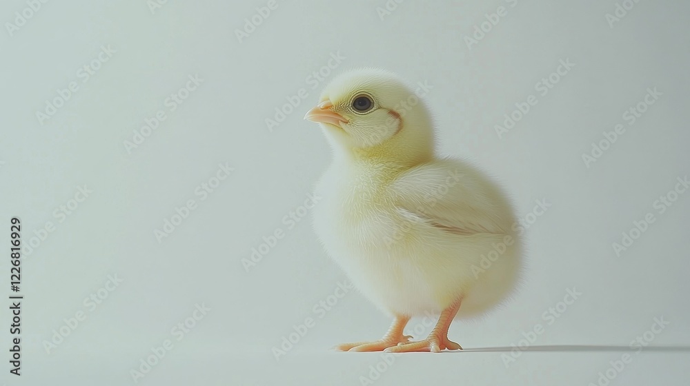 Adorable fluffy yellow chick standing on a soft white background Adorable fluffy yellow chick standing on a soft white background