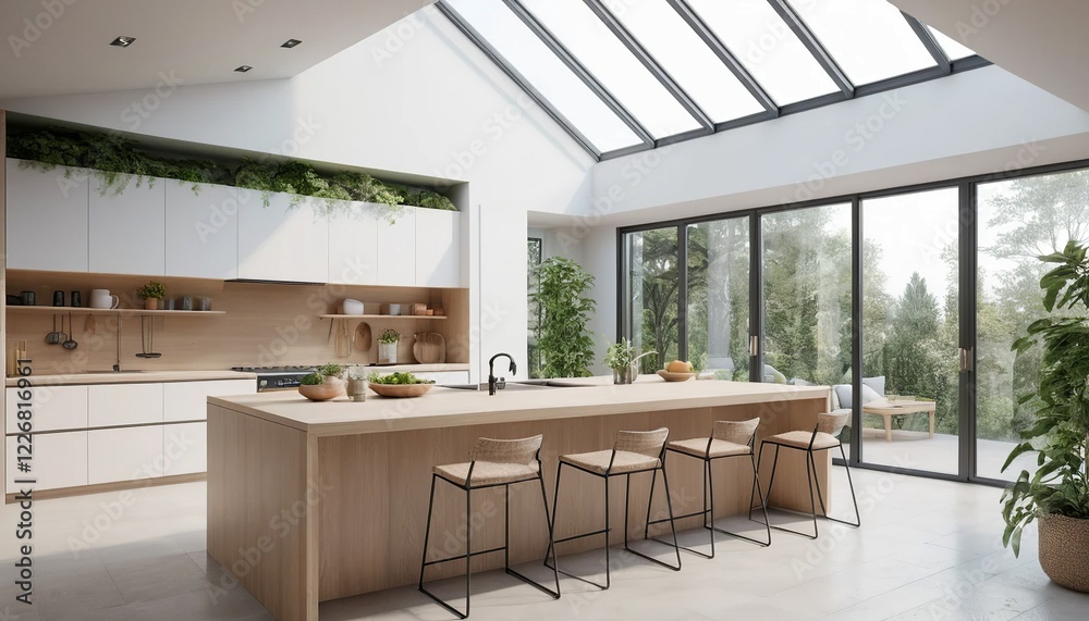 Modern Kitchen with Skylight: A bright and airy modern kitchen features a large island, skylight, and sliding glass doors leading to a patio. Modern Kitchen with Skylight: A bright and airy modern kitchen features a large island, skylight, and sliding glass doors leading to a patio.