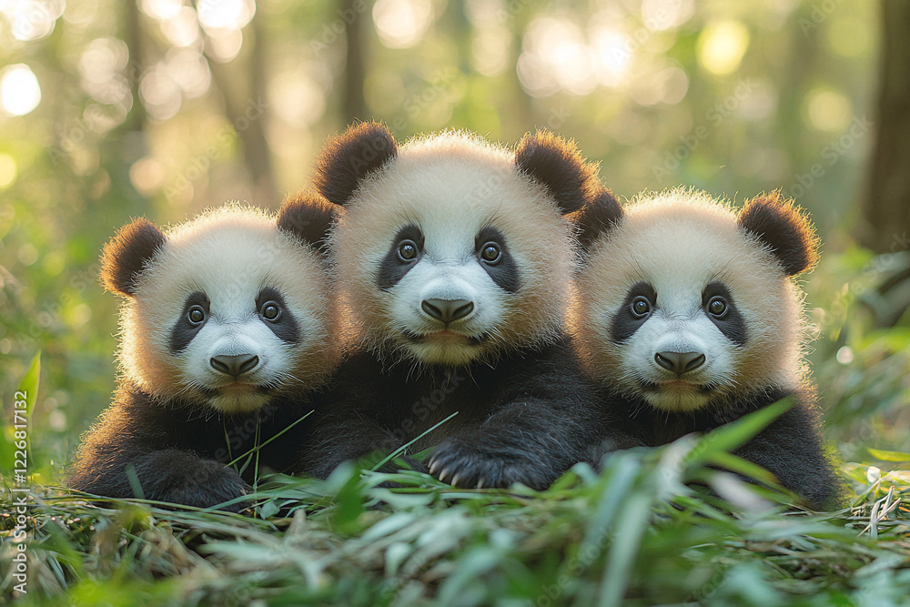Obraz premium Three Adorable Panda Cubs Resting Together In Grass