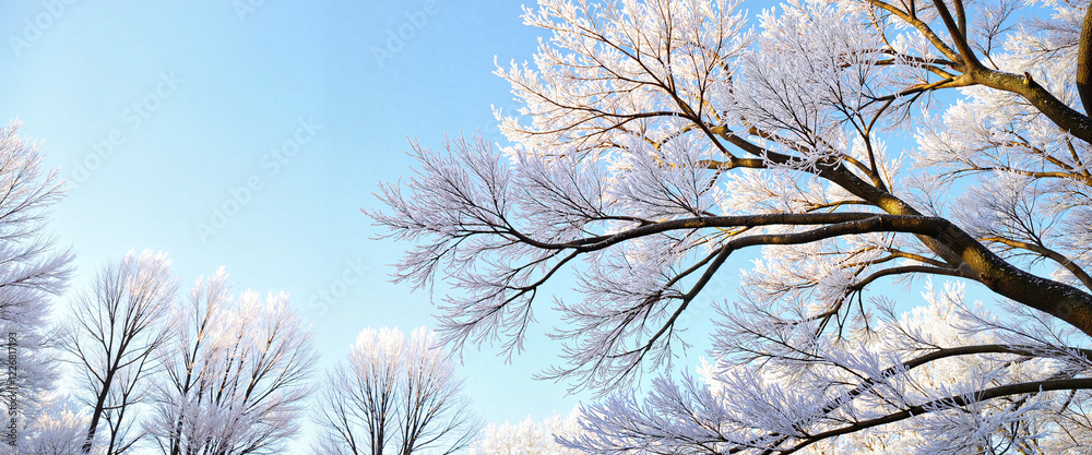 Obraz premium Frost-covered tree branches in serene forest, morning tranquility