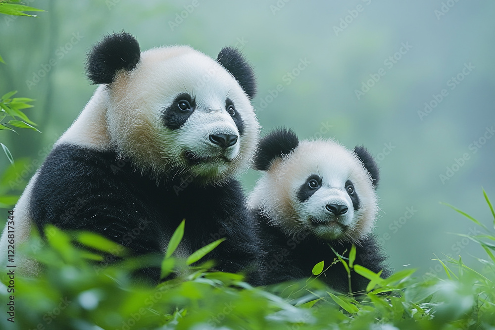 Two Adorable Giant Pandas Resting Amidst Lush Greenery
