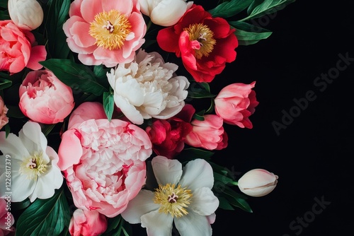 Vibrant peony bouquet, dark background, spring, floral arrangement, greeting card photo