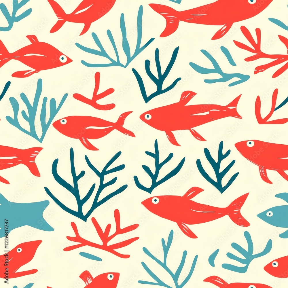 Obraz premium Colorful underwater pattern featuring red fish and blue coral on a light background
