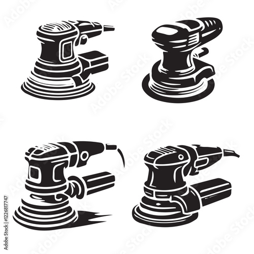 4 set of High-Quality Vector Silhouette of an Orbital Sander on White Background" 