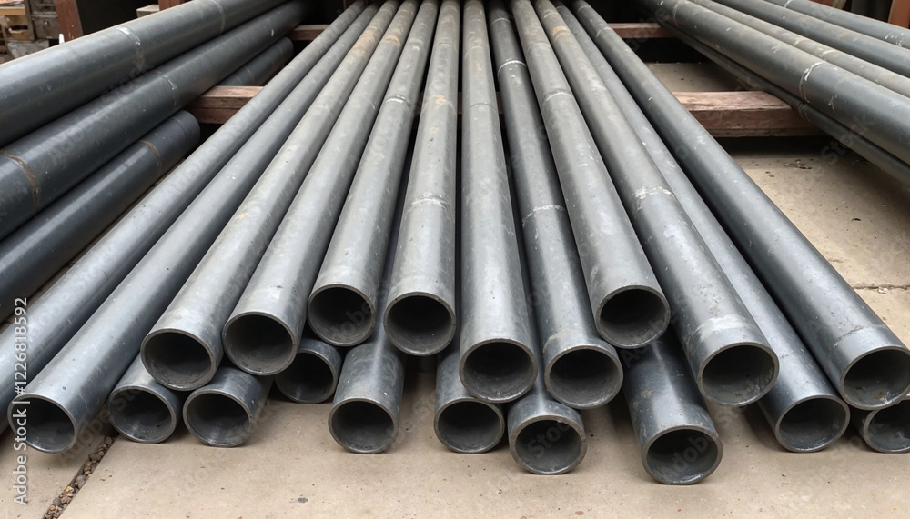 Metal pipes stacked on concrete surface Metal pipes stacked on concrete surface