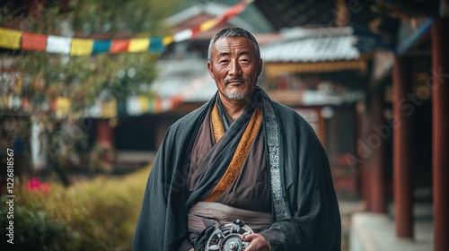 A Tibetan man standing with his hands behind his back, dressed in a traditional chuba (robe) with long sleeves, holding a prayer wheel. The background is a monastery with prayer flags. The image highl photo