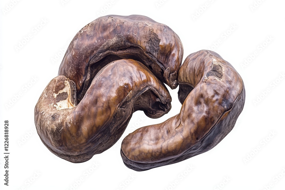 Obraz premium Three roasted cashew nuts in shell, close-up.