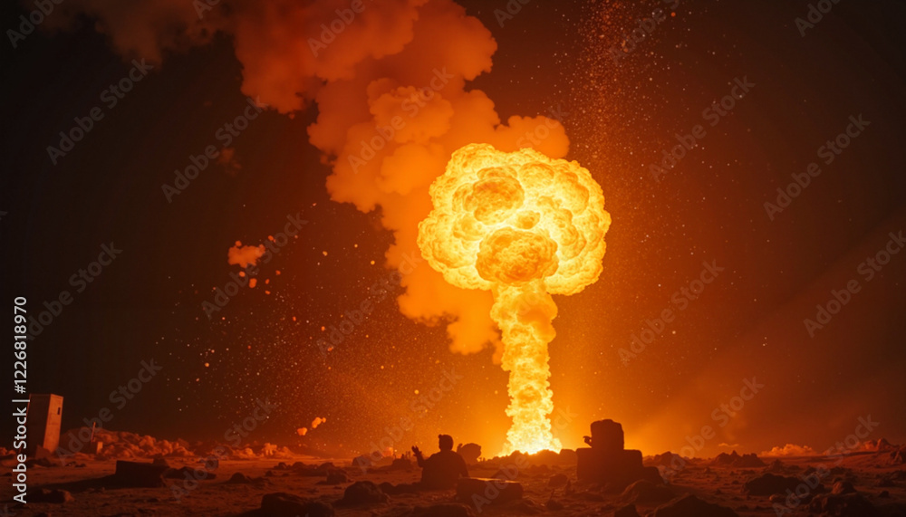 Obraz premium Explosion creating a dramatic fireball against a dark sky