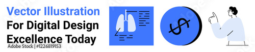 Lungs diagram for medical concepts, dollar sign symbolizing finance, person pointing for learning. Ideal for healthcare, education, finance, infographics, tech interfaces, campaigns flat landing