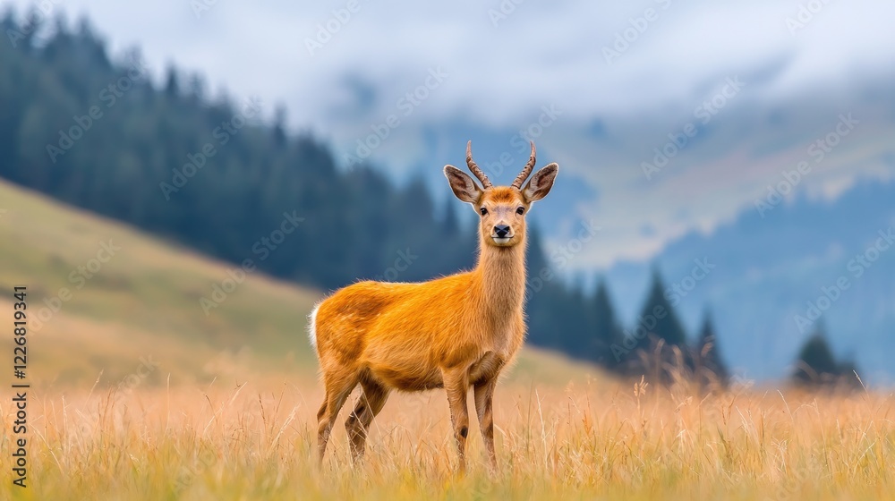 Young deer in mountain meadow, autumn landscape, wildlife photography, nature scene Young deer in mountain meadow, autumn landscape, wildlife photography, nature scene