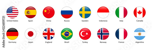 National flags icons vector set. USA, Russia, China, France, Canada, Germany. Isolated circle buttons on white background.