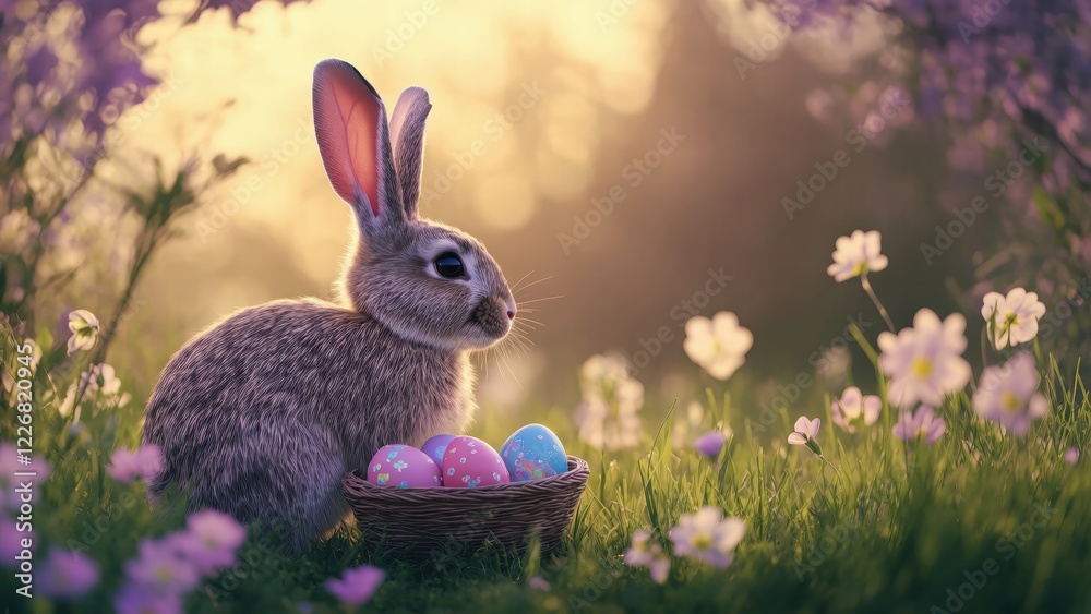 Obraz premium Easter bunny in spring meadow with copy space