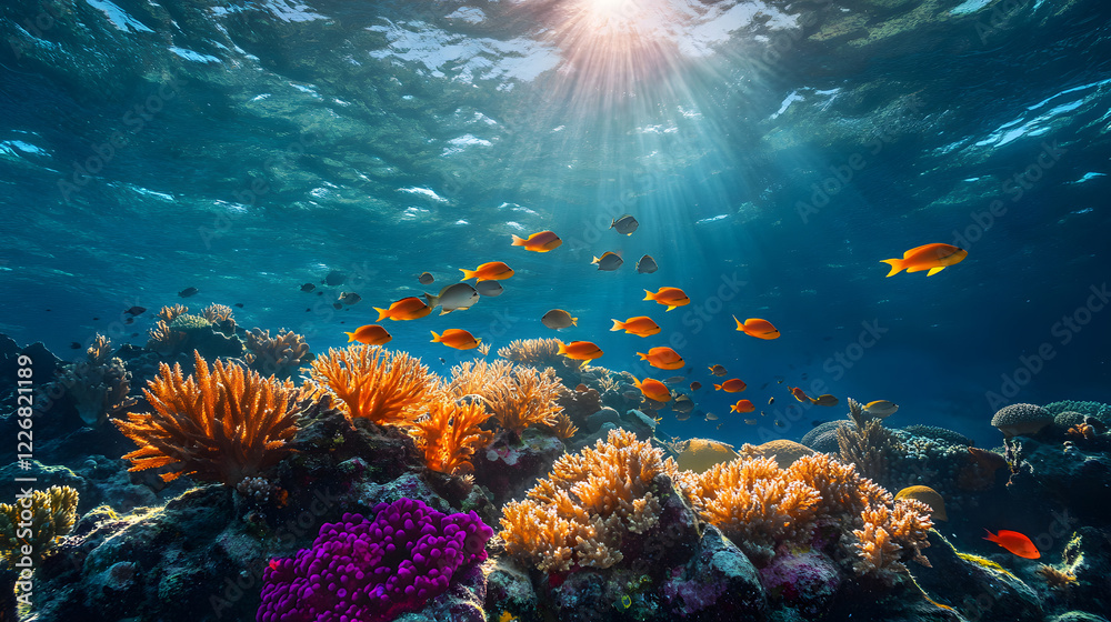 Obraz premium Underwater Tropical Corals Reef with colorful sea fish. Marine life sea world. Tropical colourful underwater seascape.