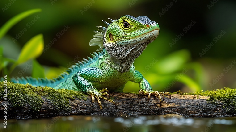 Chinese water dragon basking a mosscovered log near a shallow stream its brilliant green scales glowing vividly in the soft morning sunlight Chinese water dragon basking a mosscovered log near a shallow stream its brilliant green scales glowing vividly in the soft morning sunlight