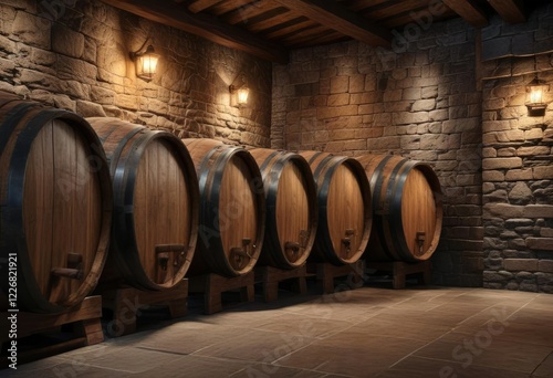 Old wooden wine barrels lined up against a cold stone wall in a dimly lit cellar, stone, barrel