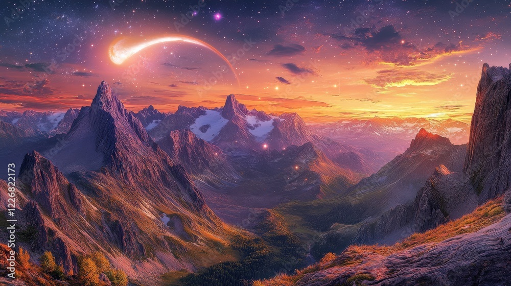 Serene Cosmic Landscape with Glowing Crescent Moon and Distant Galaxies at Dusk Serene Cosmic Landscape with Glowing Crescent Moon and Distant Galaxies at Dusk
