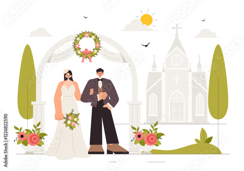 Wedding Ceremony Celebration Vector Illustration featuring a Bride and Groom in a Floral Ballroom with Elegant Decorations in a Flat Style Background