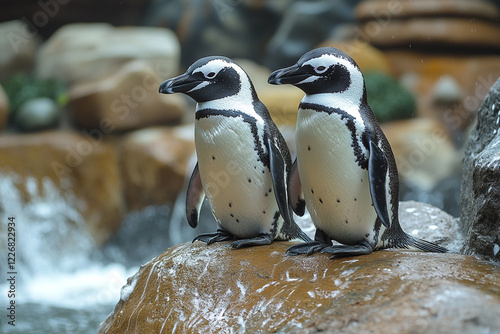 Two African Penguins Resting on a Rock Near Water