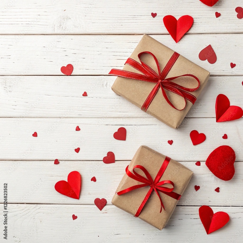 Valentine's Day Gifts and Heartfelt Decor on a Wooden Background Valentine's Day Gifts and Heartfelt Decor on a Wooden Background