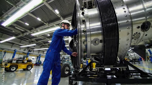 Aerospace Engineer Inspecting Aircraft Engine in Factory