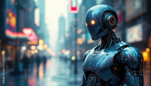 Fototapeta Naklejka Na Ścianę i Meble -  Futuristic robot in city street with neon lights on a rainy day