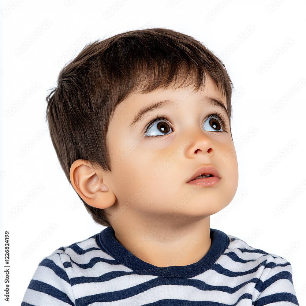 Adorable Toddler Boy with Curious Gaze, Looking Upward; Close-Up Studio Portrait