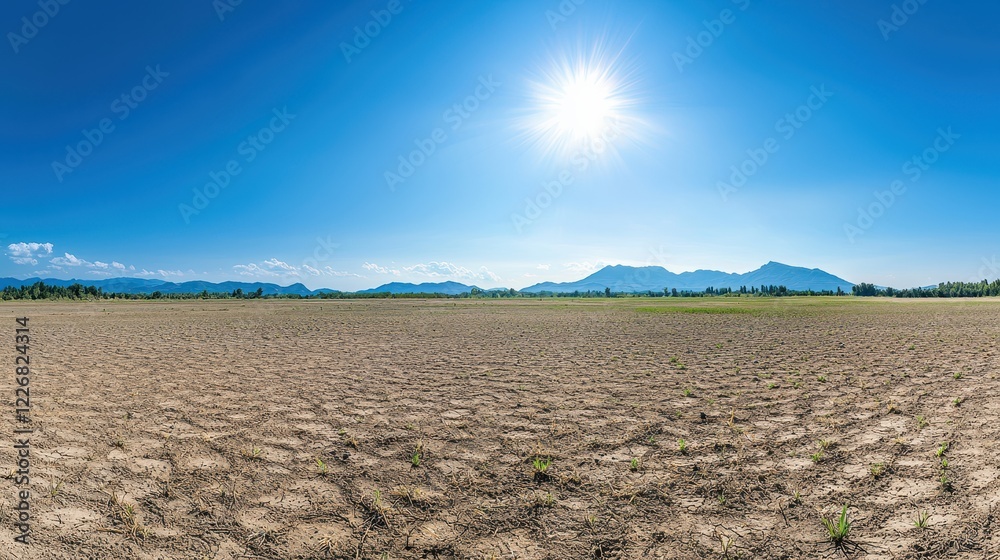 Vast green field under clear blue sky with bright sun shining in the daytime Vast green field under clear blue sky with bright sun shining in the daytime