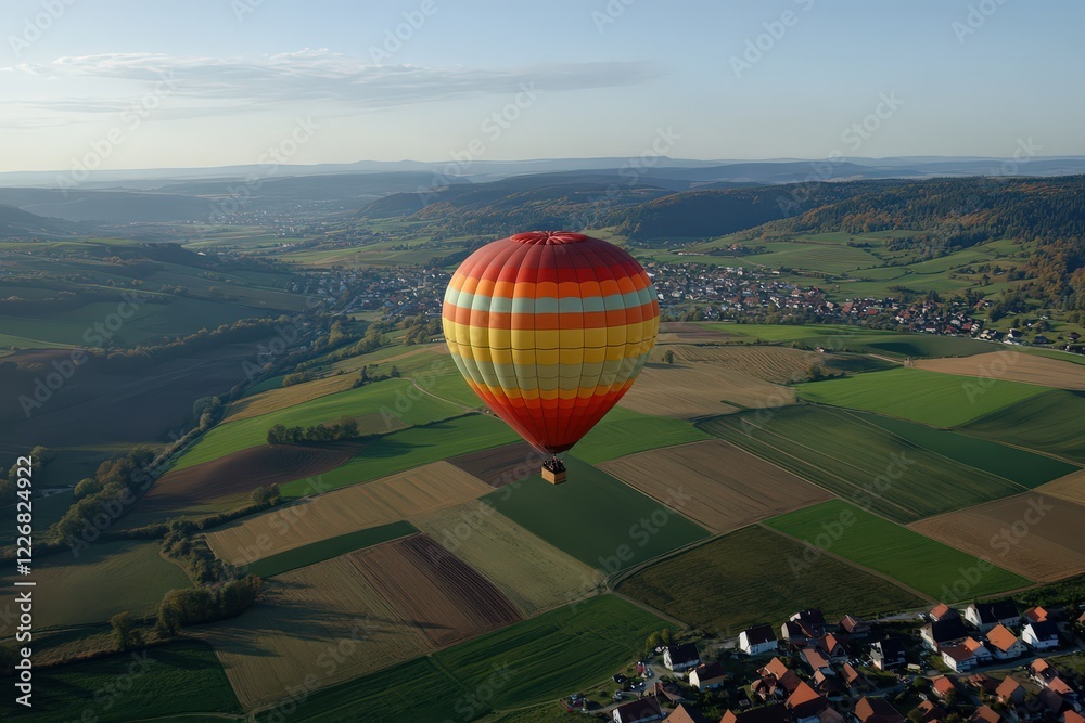 Obraz premium A colorful hot air balloon drifting over a countryside valley filled with patchwork fields