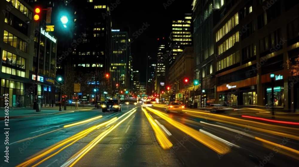 A time-lapse effect of a busy city street at night, showing streaks of light from traffic and glowing signals A time-lapse effect of a busy city street at night, showing streaks of light from traffic and glowing signals