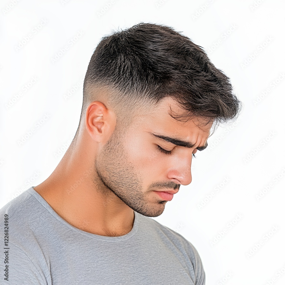 Fototapeta premium Pensive Young Man with Short Dark Hair, Close-up Portrait Studio Shot