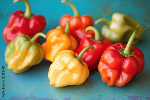 Colorful habanero peppers on teal background