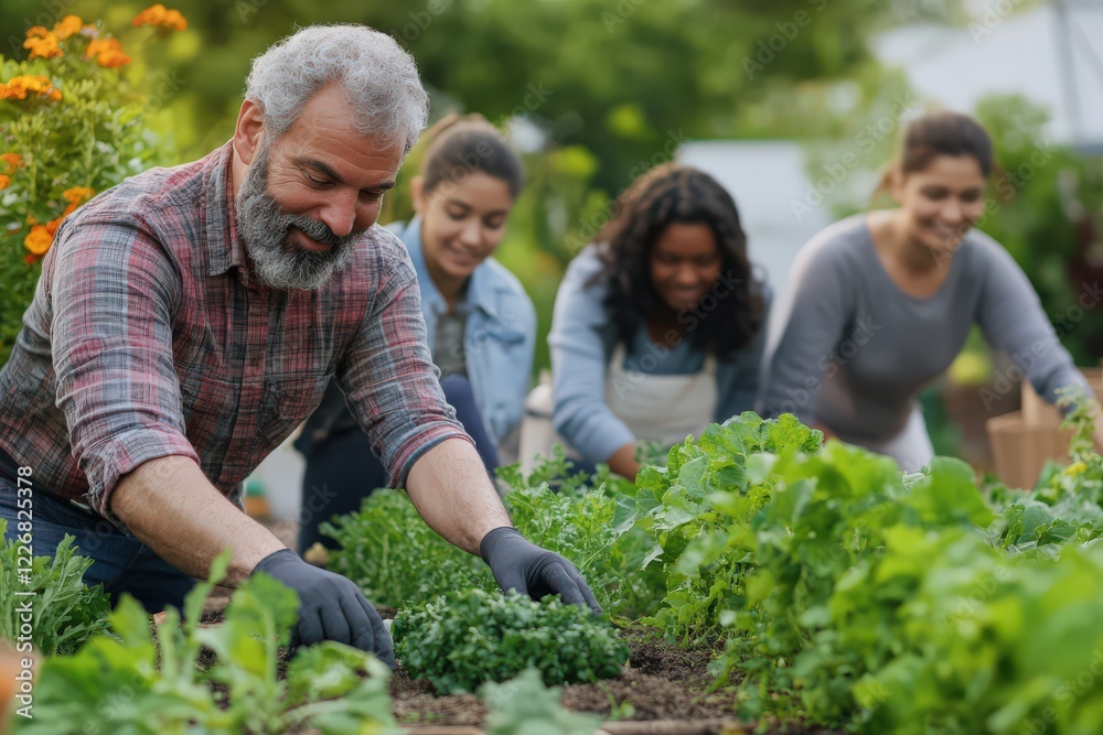 custom made wallpaper toronto digitalA community vegetable garden with diverse people planting, watering, and harvesting in a vibrant urban setting.