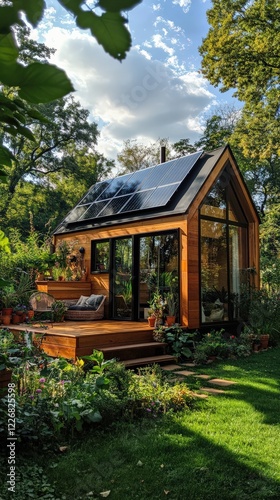 A compact, sustainable tiny house with wooden paneling, solar panels, and a lush green yard.