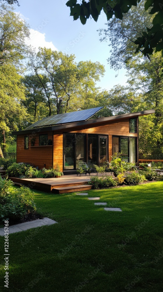 Naklejka premium A compact, sustainable tiny house with wooden paneling, solar panels, and a lush green yard.
